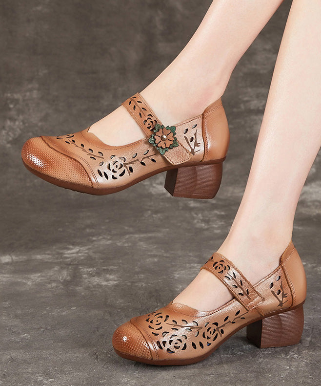 Chocolate Boho Chunky Heel Cowhide Leather Hollow Out Splicing Buckle Strap