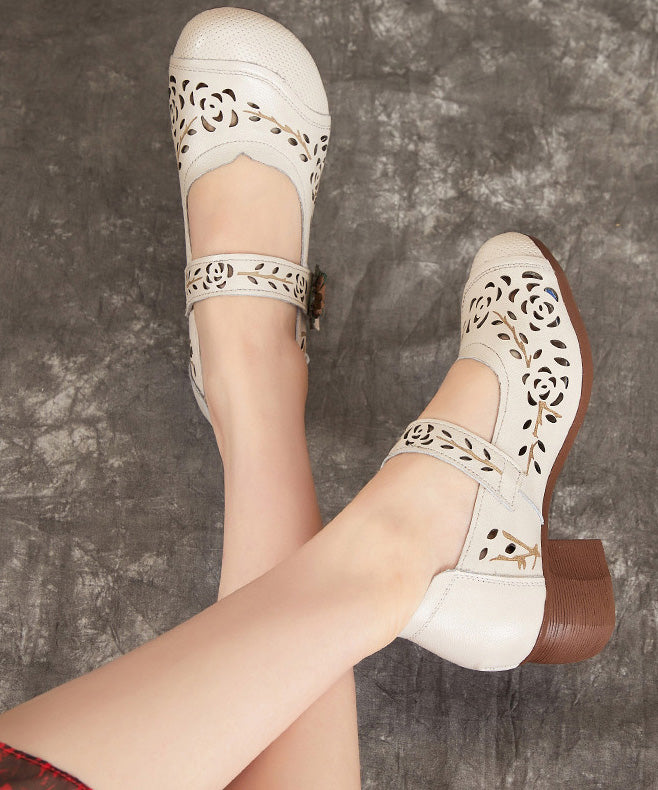 Chocolate Boho Chunky Heel Cowhide Leather Hollow Out Splicing Buckle Strap