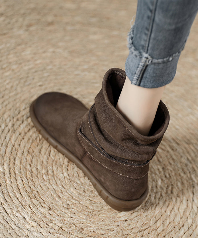 Chocolate Cowhide Leather Comfy Buckle Strap Splicing Boots