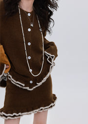 Chocolate Cozy Knit Cardigan And Skirt Two Pieces Set Ruffled Winter