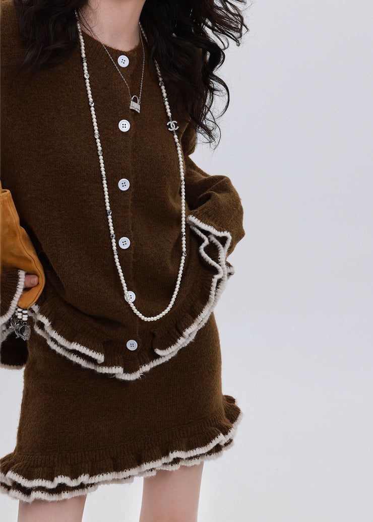 Chocolate Cozy Knit Cardigan And Skirt Two Pieces Set Ruffled Winter
