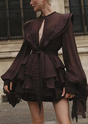 Chocolate Lace Up Solid Cotton Shirt Dress Fall