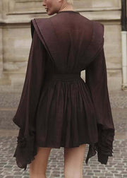 Chocolate Lace Up Solid Cotton Shirt Dress Fall