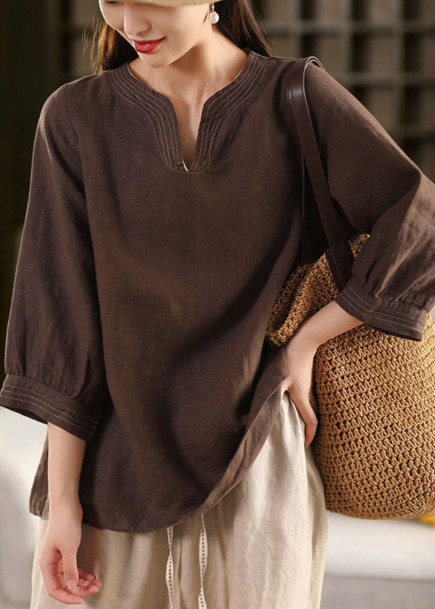 Chocolate Loose Linen Tops Embroidered Fall