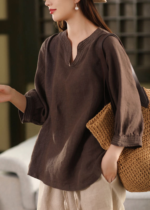 Chocolate Loose Linen Tops Embroidered Fall