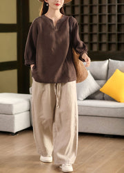 Chocolate Loose Linen Tops Embroidered Fall