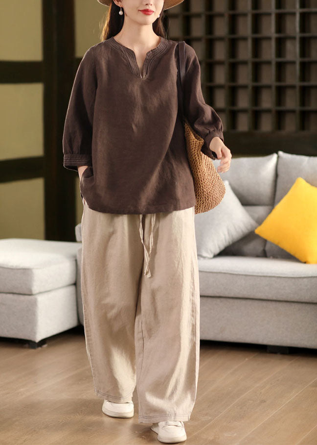 Chocolate Loose Linen Tops Embroidered Fall