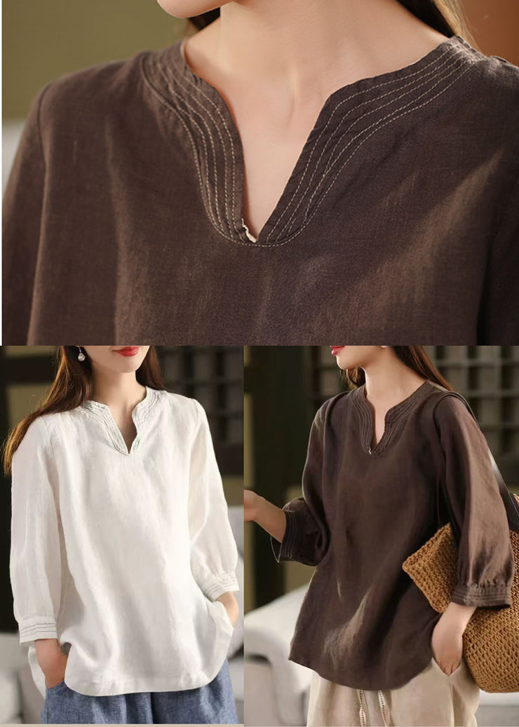 Chocolate Loose Linen Tops Embroidered Fall