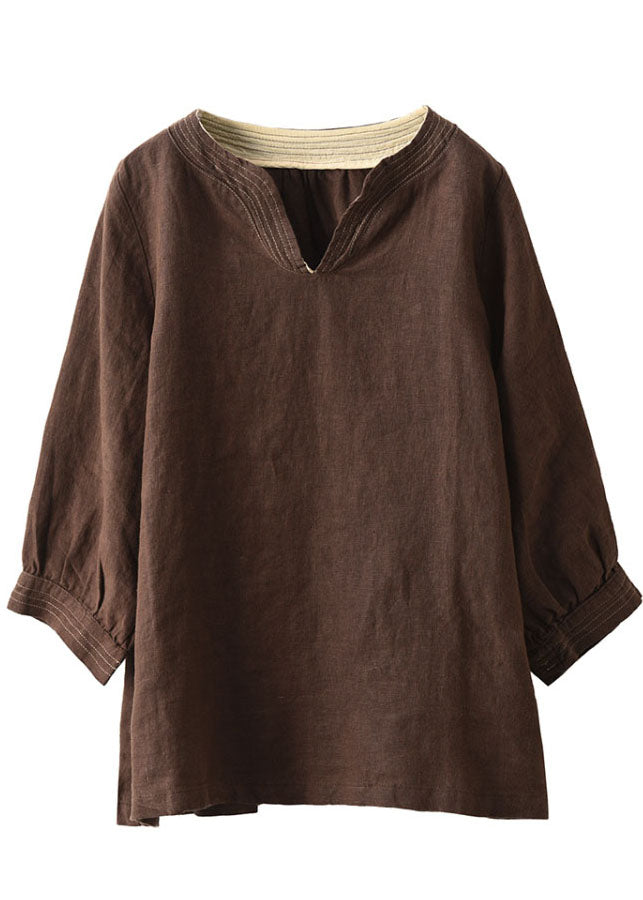 Chocolate Loose Linen Tops Embroidered Fall
