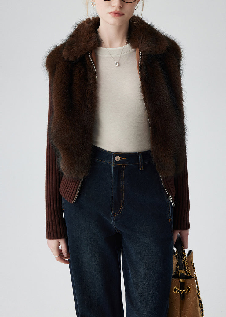 Chocolate Patchwork Faux Fur Knit Coats Fake Two Piece Winter