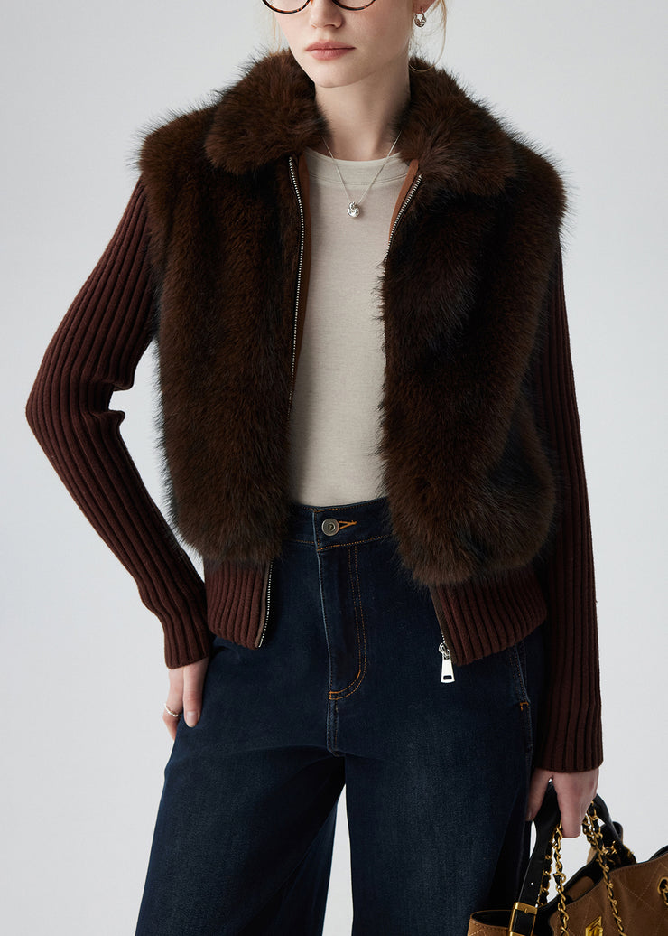 Chocolate Patchwork Faux Fur Knit Coats Fake Two Piece Winter