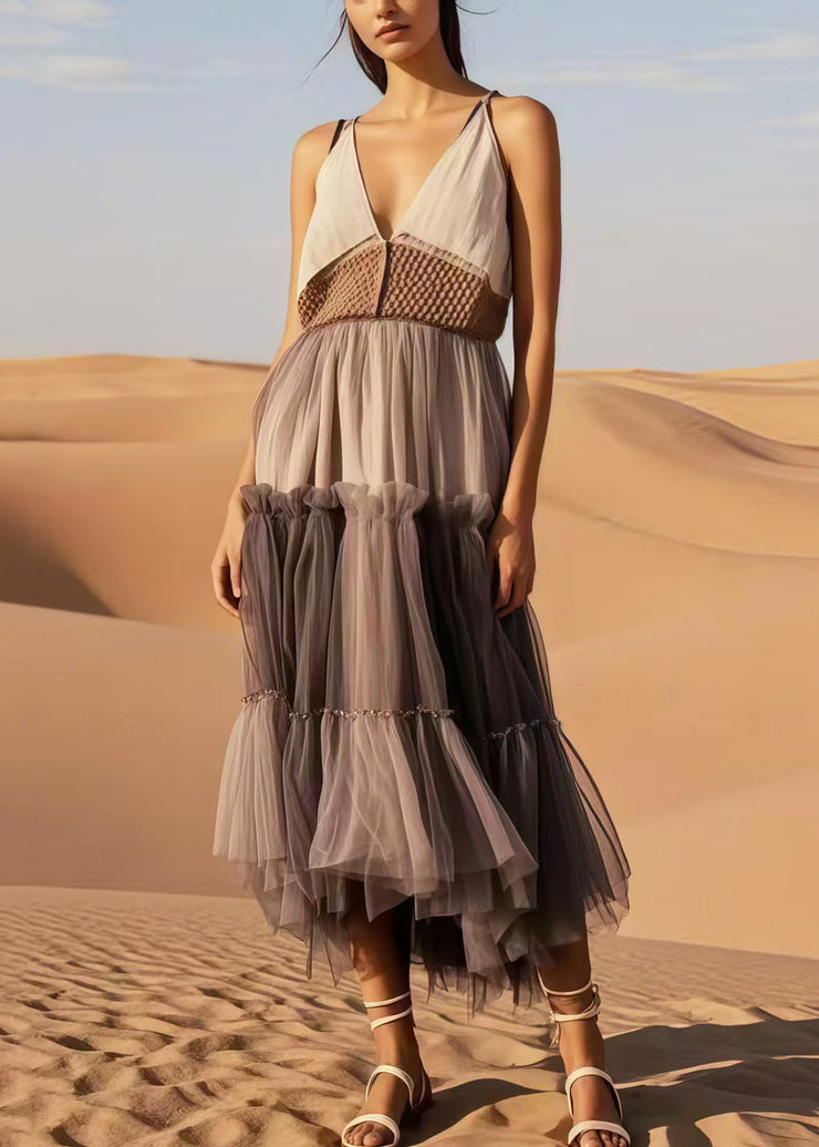 Chocolate Patchwork Tulle Holiday Sundress V Neck Summer