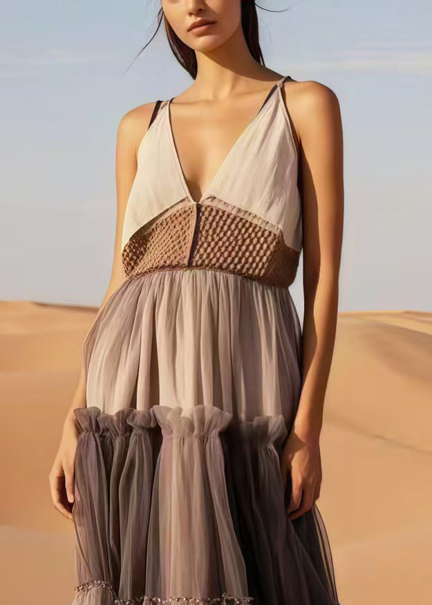 Chocolate Patchwork Tulle Holiday Sundress V Neck Summer