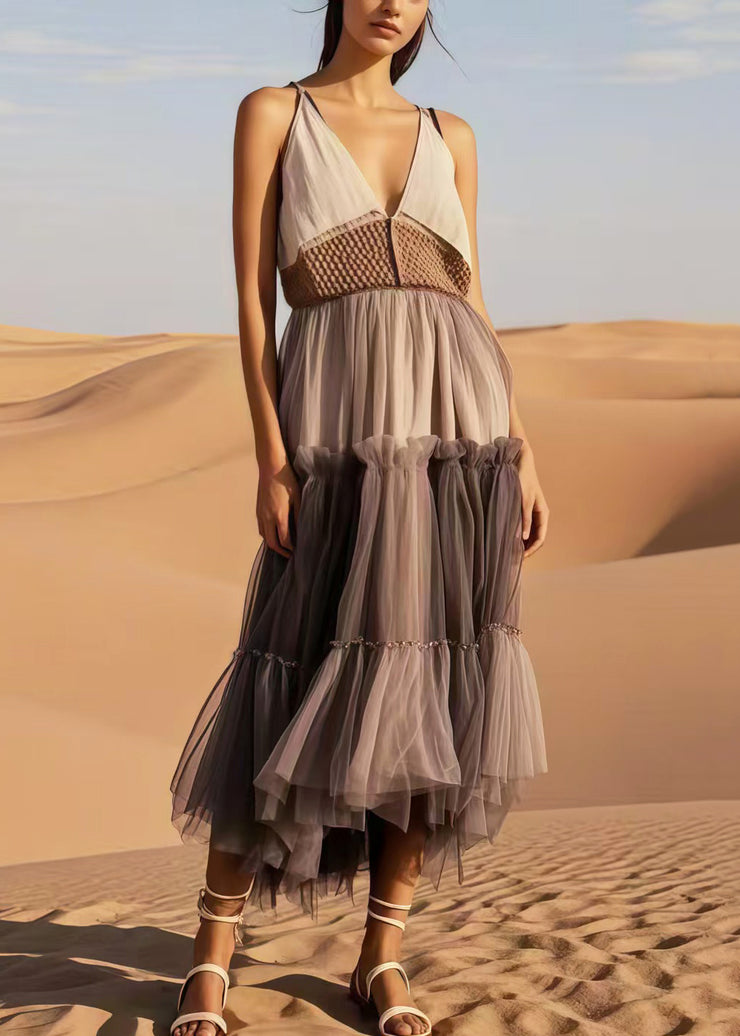 Chocolate Patchwork Tulle Holiday Sundress V Neck Summer