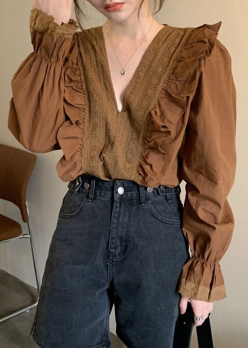 Chocolate Ruffled Patchwork Cotton Blouse V Neck Fall