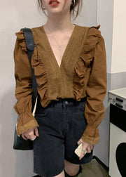 Chocolate Ruffled Patchwork Cotton Blouse V Neck Fall