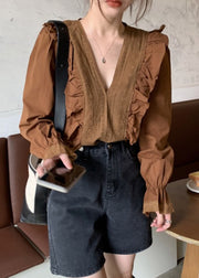 Chocolate Ruffled Patchwork Cotton Blouse V Neck Fall