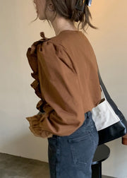 Chocolate Ruffled Patchwork Cotton Blouse V Neck Fall