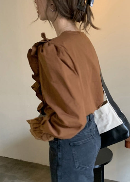 Chocolate Ruffled Patchwork Cotton Blouse V Neck Fall