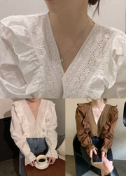 Chocolate Ruffled Patchwork Cotton Blouse V Neck Fall
