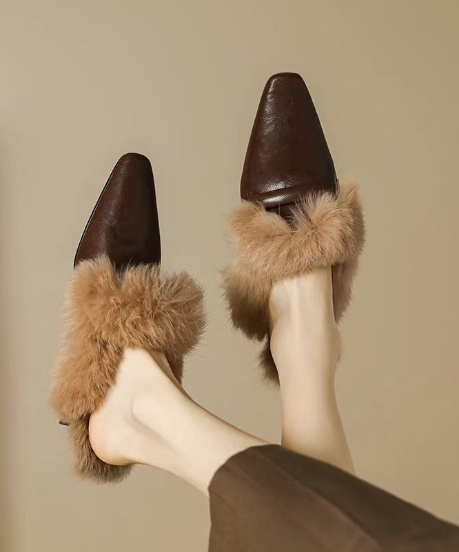 Chocolate Sheepskin Slippers Shoes Splicing Fuzzy Wool Lined