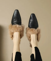 Chocolate Sheepskin Slippers Shoes Splicing Fuzzy Wool Lined