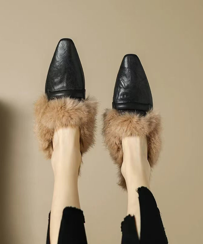 Chocolate Sheepskin Slippers Shoes Splicing Fuzzy Wool Lined