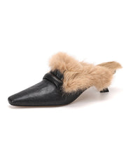 Chocolate Sheepskin Slippers Shoes Splicing Fuzzy Wool Lined