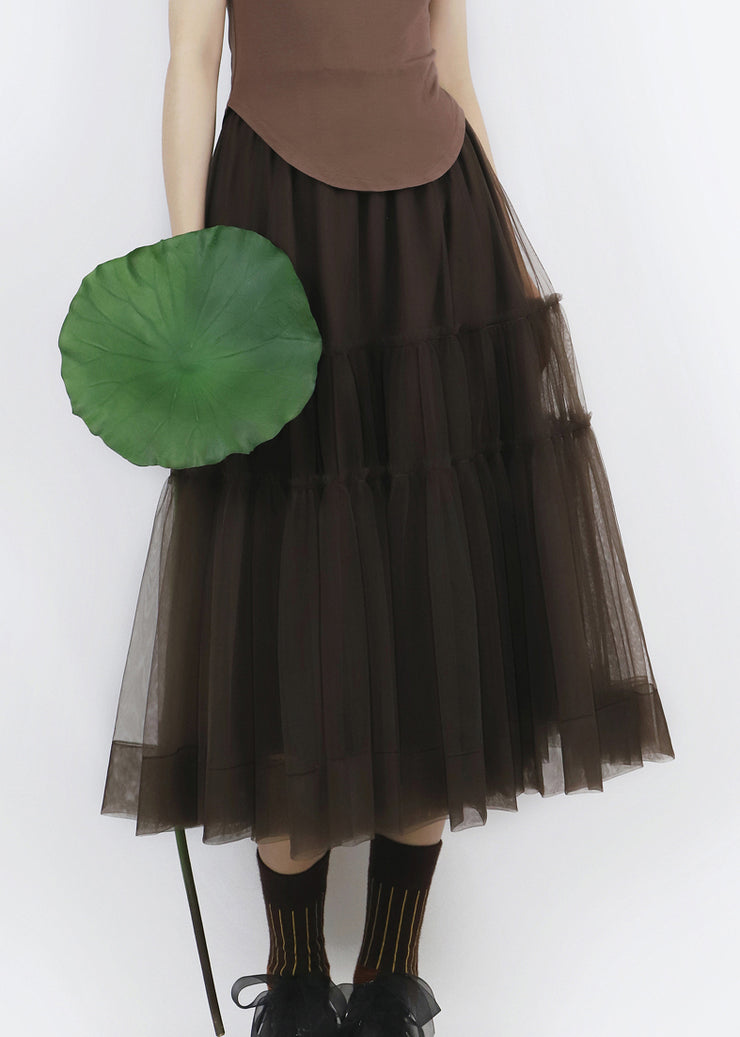 Chocolate Solid Patchwork Tulle Pleated Skirt Elastic Waist