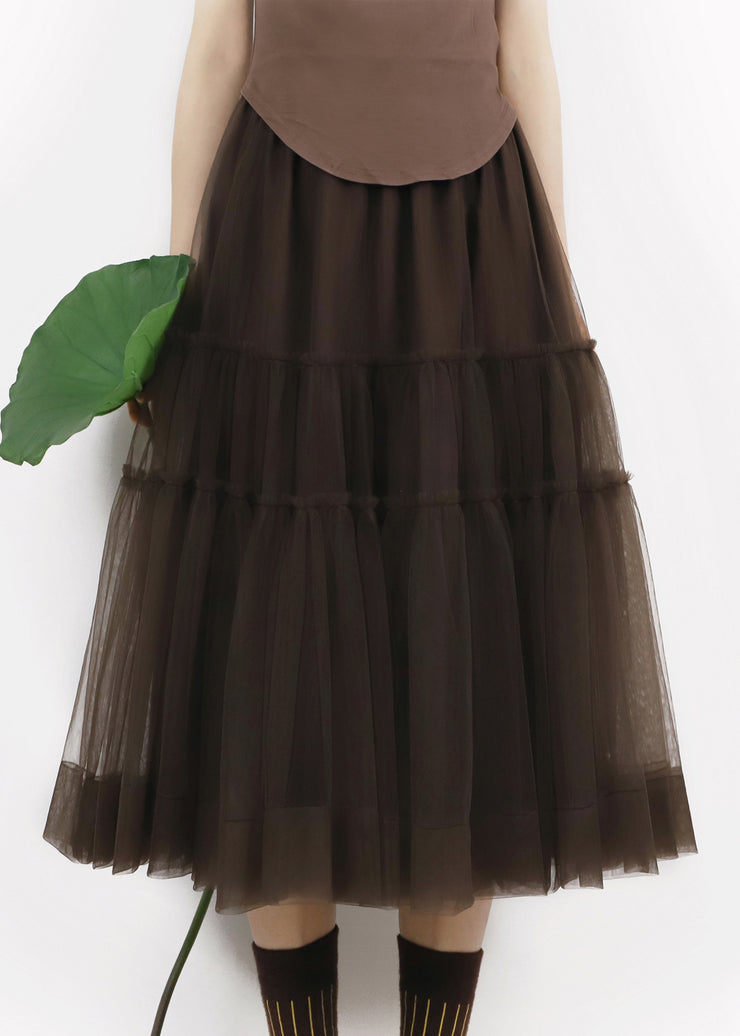 Chocolate Solid Patchwork Tulle Pleated Skirt Elastic Waist