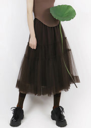 Chocolate Solid Patchwork Tulle Pleated Skirt Elastic Waist