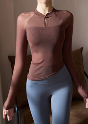 Chocolate Stand Collar Tulle Patchwork Workout Tops