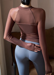Chocolate Stand Collar Tulle Patchwork Workout Tops