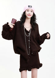 Chocolate Thick Knit Two Piece Suit Set Ruffled Flower Decorated Winter