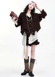 Chocolate Thick Knit Two Piece Suit Set Ruffled Flower Decorated Winter