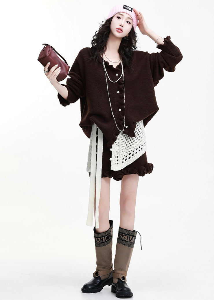 Chocolate Thick Knit Two Piece Suit Set Ruffled Flower Decorated Winter