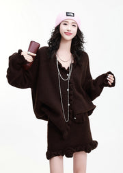 Chocolate Thick Knit Two Piece Suit Set Ruffled Flower Decorated Winter