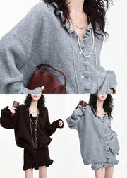 Chocolate Thick Knit Two Piece Suit Set Ruffled Flower Decorated Winter