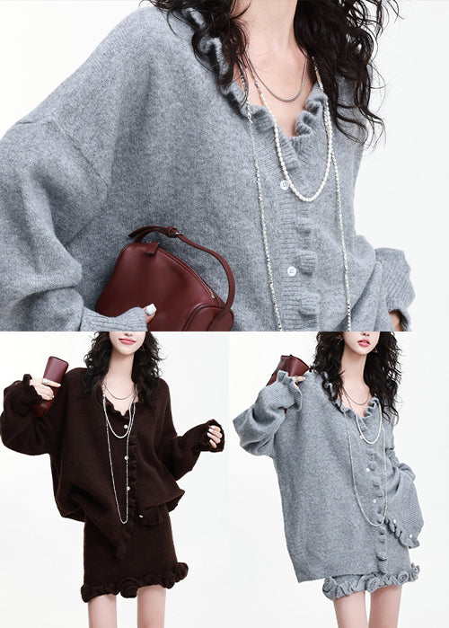 Chocolate Thick Knit Two Piece Suit Set Ruffled Flower Decorated Winter