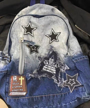 Classic Gradient Blue Denim Patch Large Capacity Backpack Bag