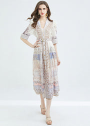 Classy Apricot Peter Pan Collar Print Sashes Patchwork Cotton Dresses Summer
