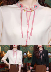 Classy Apricot Stand Collar Tulle Patchwork Silk Top Spring