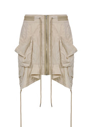 Classy Apricot Zippered Drawstring Pockets Cotton Asymmetrical Skirts Fall