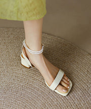 Classy Beads Splicing Chunky Sandals Apricot Cowhide Leather Peep Toe