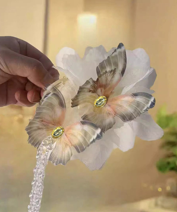Classy Beige Acrylic Fabric Zircon Butterfly Tassel Hairpin