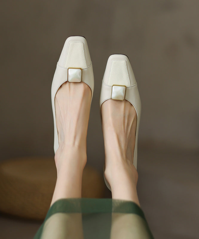 Classy Beige Cowhide Leather High Heels Splicing Square Toe