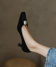 Classy Beige Cowhide Leather High Heels Splicing Square Toe