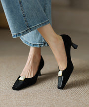 Classy Beige Cowhide Leather High Heels Splicing Square Toe
