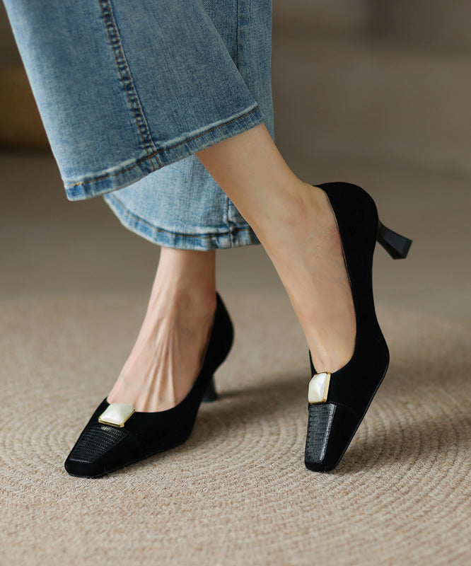 Classy Beige Cowhide Leather High Heels Splicing Square Toe