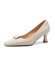 Classy Beige Cowhide Leather High Heels Splicing Square Toe